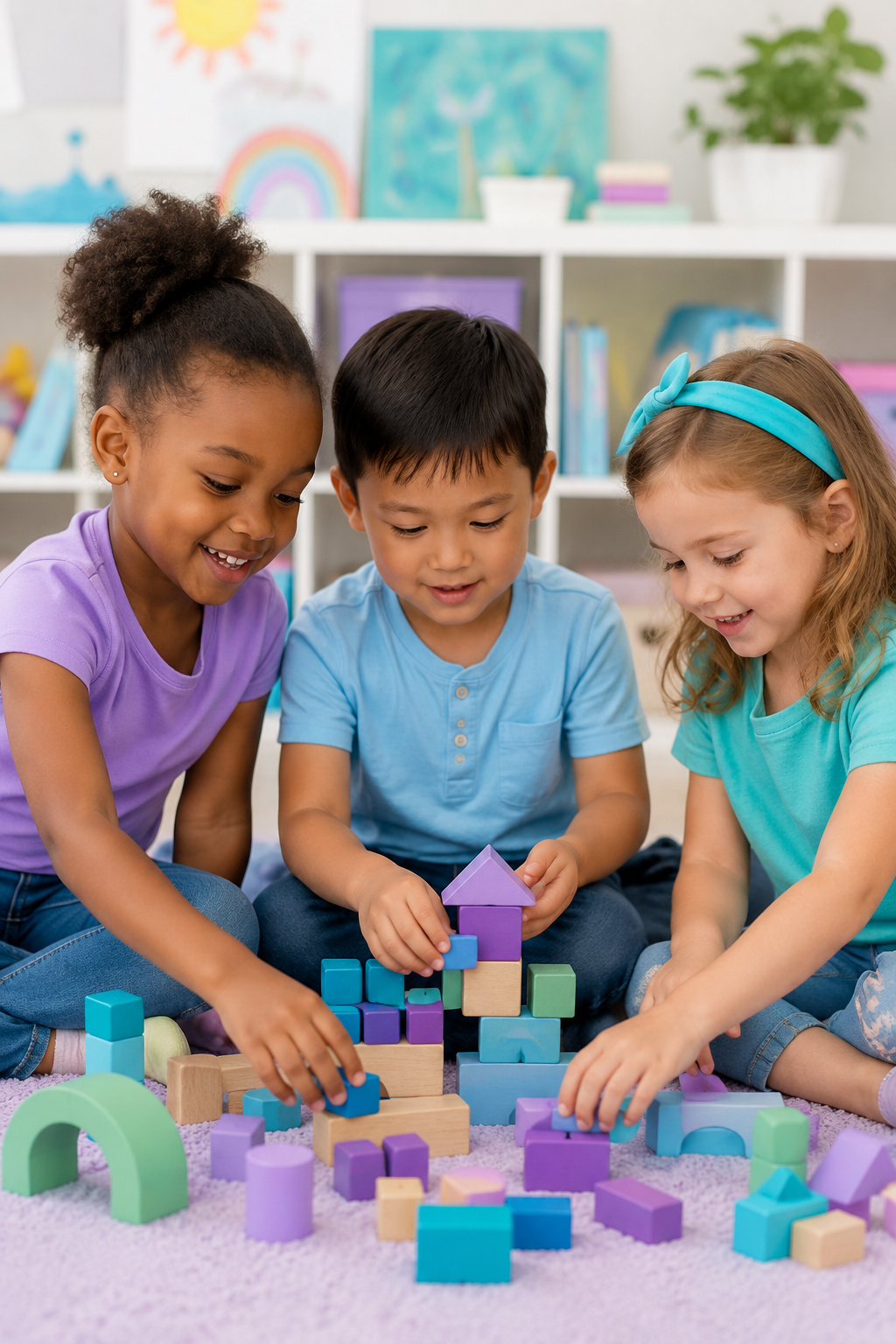 Teacher helping two children build with colorful blocks